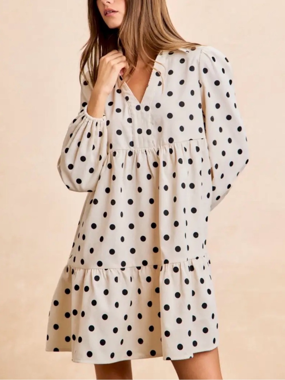 BiBi Corduroy Cream Dress with Black Polka Dots
